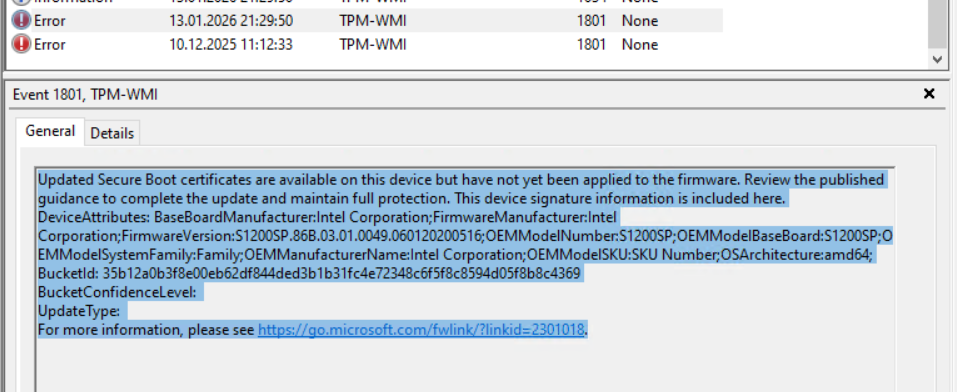 Event ID 1801 error example